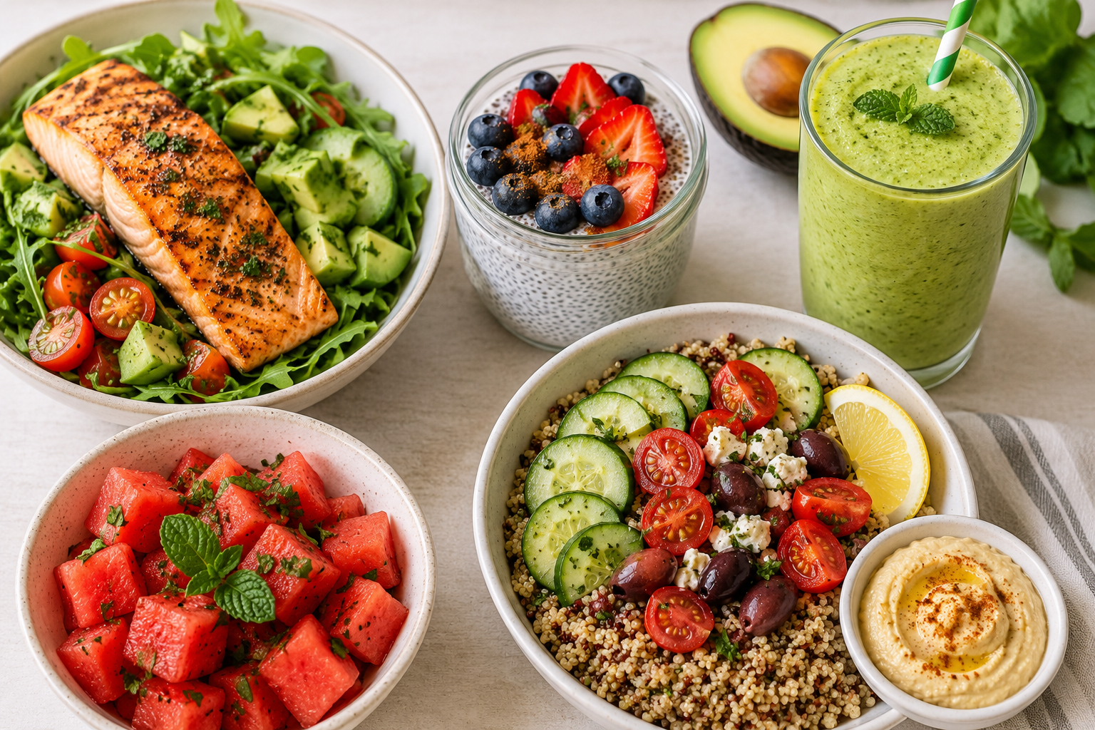 A table with plates of healthy food and drinks