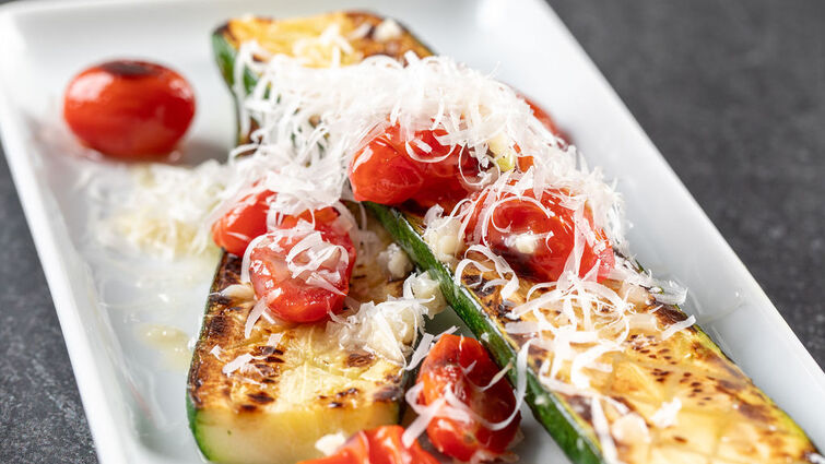 Pan-Grilled Zucchini with a Fresh Garlic Tomato Topping