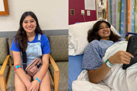 By the time Lily’s scoliosis was diagnosed, it was so severe that it could not be stabilized with a brace. A side by side of a young brunette woman, the first photo of her in a doctor's waiting room and the second in a hospital bed.