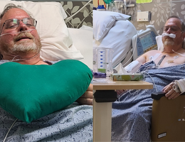 a man is sitting in a hospital care recovering from heart surgery