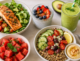 A table with plates of healthy food and drinks